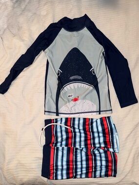 Boys Long-Sleeve Shark Rashguard Set in Navy, Light Gray & Red Stripes